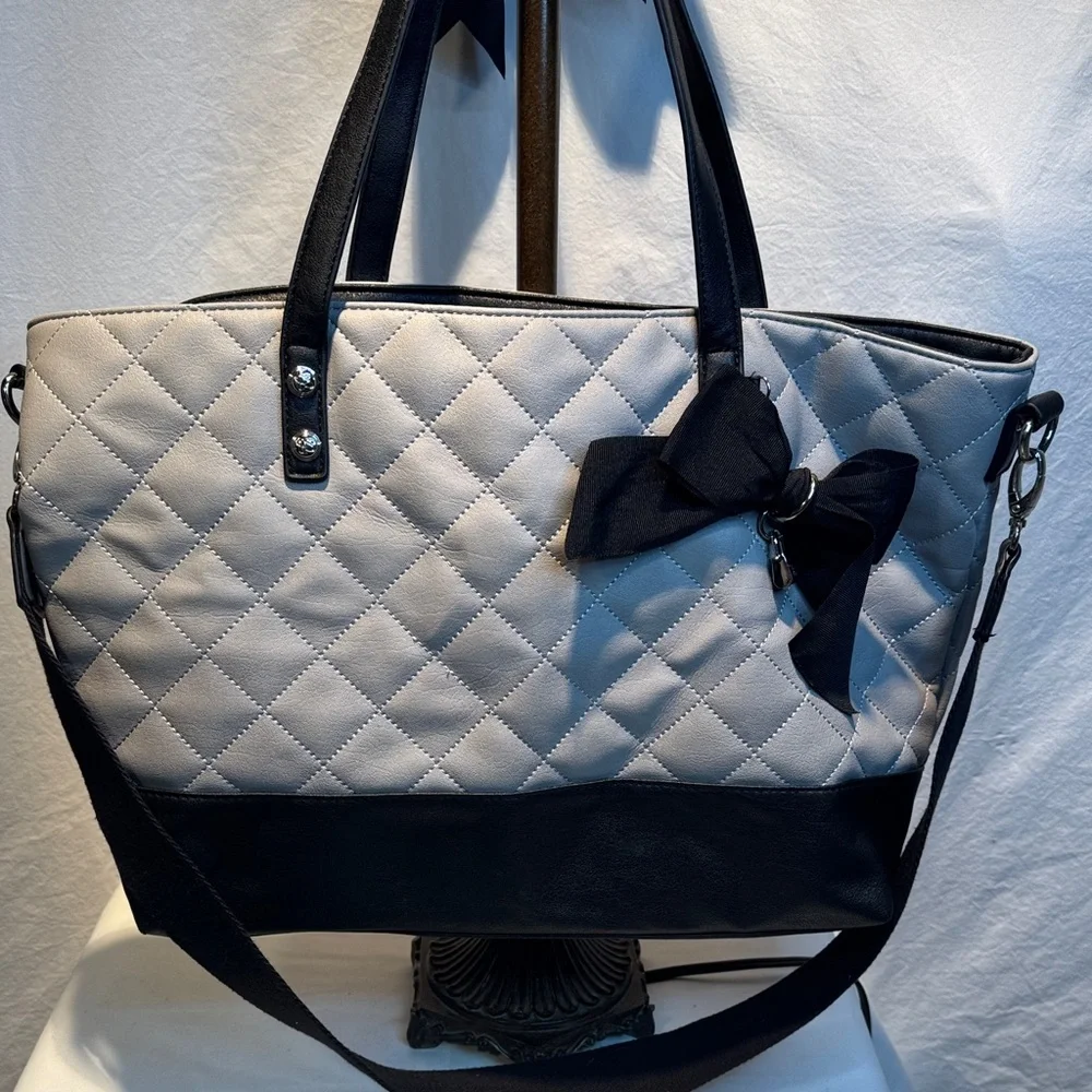 Jessica Simpson Black and Gray Quilted Tote with Bow